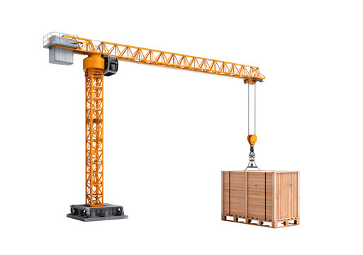 Industrial construction tower crane hoisting large wooden crate on transparent background, PNG