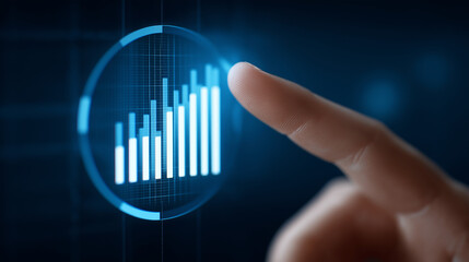 Analytics Growth Hologram with Rising Bar Chart and Digital Grid