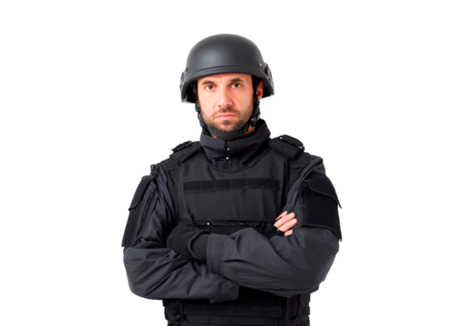 Confident security guard in tactical uniform on transparent background, PNG