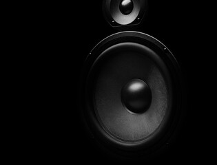 Black audio speaker with woofer and tweeter drivers isolated on a dark background, highlighting professional sound system design.