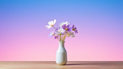 Beautiful cosmos flowers in vase floral arrangement on table against gradient background