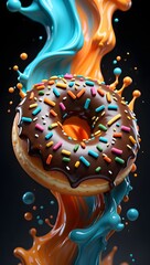 Delicious chocolate donut with sprinkles and colorful paint splash food photography
