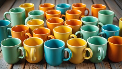 Colorful ceramic mugs collection for coffee and tea on wooden table background photo