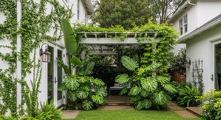 Backyard landscaping ideas for small yards with pergola and tropical plants and climbing vines design tips