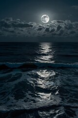 Midnight Serenity: Moonlit Ocean Under Full Moon