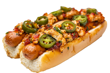 Halal chicken hot dog with pickled jalapeños isolated on a transparent background 