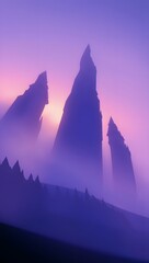 Purple mountain landscape wallpaper background with fog and sharp rock formations