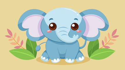 Obraz premium Cute cartoon baby elephant sitting with leaves and branches on a beige background