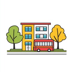 Obraz premium Cartoon building and bus illustration