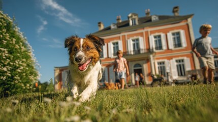 A dog running with children on the lawn in front of a stylish house, joyful