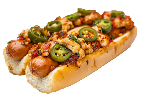 Halal chicken hot dog with pickled jalapeños isolated on a transparent background  - Powered by Adobe
