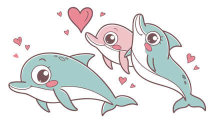 Obraz premium Three cute cartoon dolphins with pink hearts floating around them
