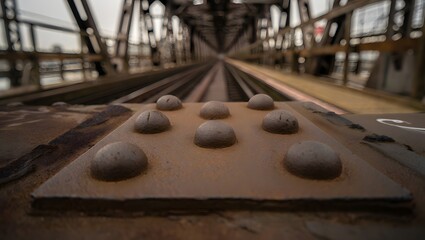 Exploring the industrial bridge steel structure with rivets and railway tracks view