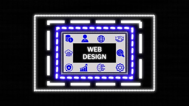 A Business Web Design concept button on a clear projection ,Business, Technology and network concept. Animated Dynamic wave of color particles. Digital technology background random dot 4K.