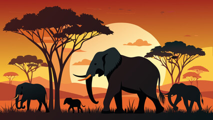 Fototapeta premium African savanna sunset with a herd of elephants and acacia trees