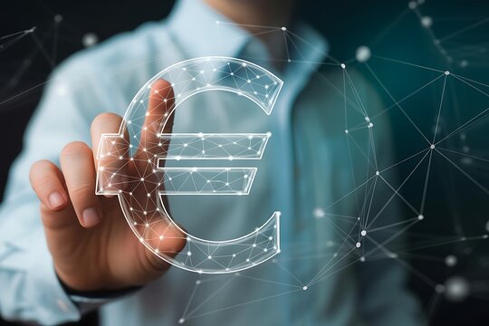 Businessman touching a glowing digital euro symbol with a network of connections - Powered by Adobe