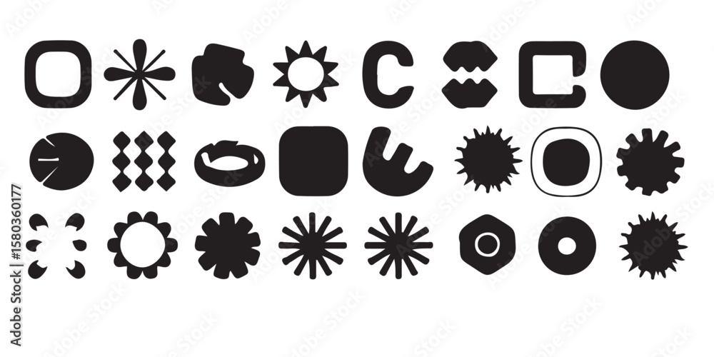 Poster collection of abstract black shapes on a white background arranged in rows and columns pattern