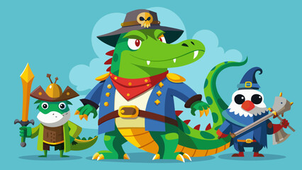 Naklejka premium Three cartoon characters dressed as pirates and a wizard standing together