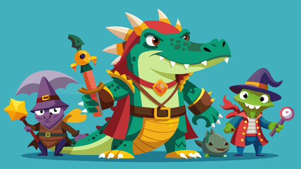 Obraz premium Cartoon fantasy characters including a large dragon warrior a wizard and a magician