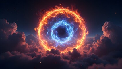 Fire and ice portal in the sky with clouds fantasy art digital painting wallpaper