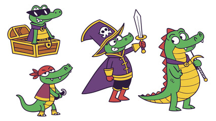 Cute cartoon crocodiles dressed as pirates with swords and treasure chest