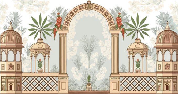 Chinoiseries peacock, parrot, Birds Palace garden royal Wallpaper. moroccan decorative garden with peacock frame.  Abstract Indian floral rug design, Persian carpet, tribal texture, Rajasthani, Vector