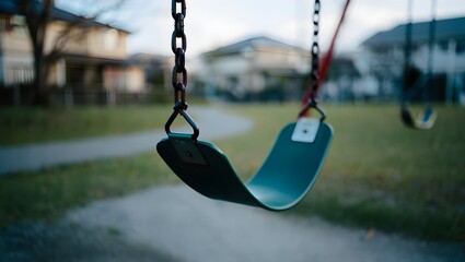 Explore the serene beauty of an empty swing set in a peaceful park setting scene