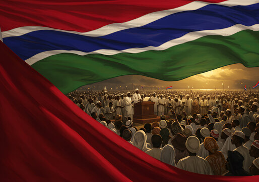 The Gambia Flag Waves Above A Public Gathering Political Speech and National Pride, Crowd and Celebration.