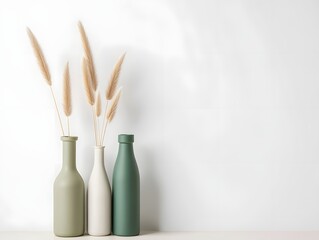 Minimalist home decor vases with dried flowers on white background stock photo image