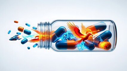 Medicine capsules phoenix rising health care and pharmaceutical industry concept art