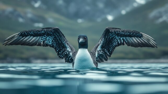 A black and white speckled bird with outstretched wings, centered in calm water, against a backdrop of misty mountains