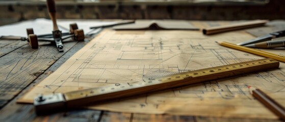 Architectural plans, a ruler, a compass, and a set of pencils, emphasizing precision and technical drawing tools Workspace drafting vintage old retro.