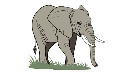 A stylized illustration of a large gray elephant with tusks walking on grass