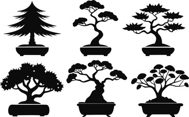 6 Bonsai Tree Silhouettes Vector Set