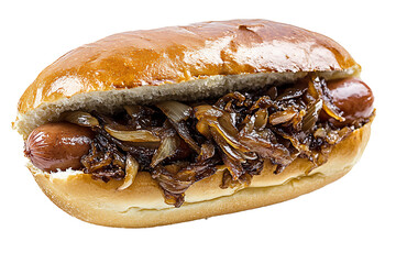 Halal hot dog with caramelized onions in a soft bun isolated on a transparent background 
