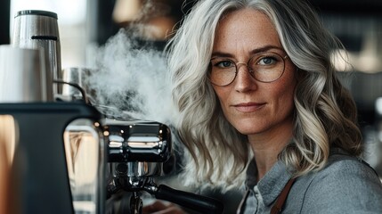Barista serving coffee with professional espresso machine, mature woman with silver hair and glasses steaming milk in modern cafe setting