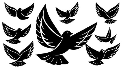 Fototapeta premium Collection of stylized black silhouette doves in flight against a white background