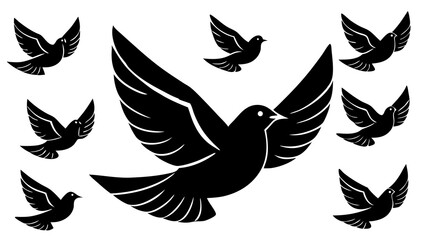 Obraz premium Collection of black silhouette doves flying against a white background