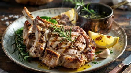 Pork chop rosemary grilled to perfection with golden-brown seared exterior on rustic ceramic plate with fresh herb garnish lemon wedges and garlic alongside copper pot