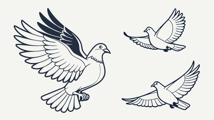 Fototapeta premium Three stylized line art doves flying gracefully against a plain background