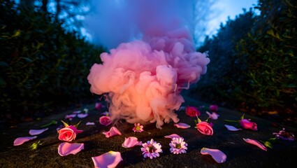 Stock image of pink smoke bomb with rose petals and flowers on ground at night time