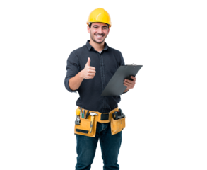 Confident male construction worker giving thumbs up with tool belt and clipboard for project planning on transparent background, PNG