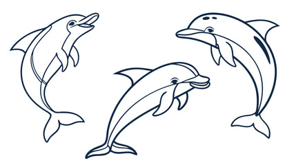 Fototapeta premium Three playful dolphins leaping and swimming in a stylized outline drawing