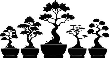 6 Bonsai Tree Silhouettes Vector Set