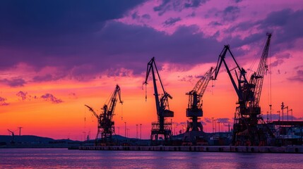 Fototapeta premium Calm evening at freight harbor, silhouettes of cranes against