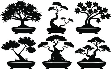 6 Bonsai Tree Silhouettes Vector Set