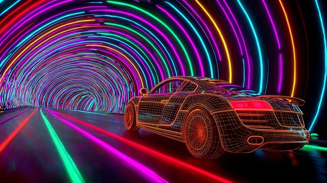 Car in Neon Tunnel
