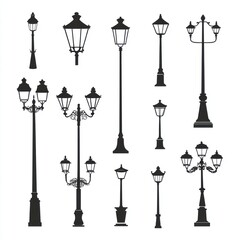 Silhouettes of various vintage street lamps