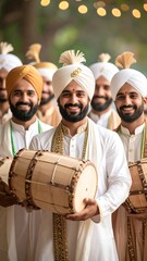 Smiling men in white, holding drums