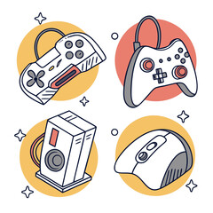 Collection of retro and modern gaming controllers and computer mouse